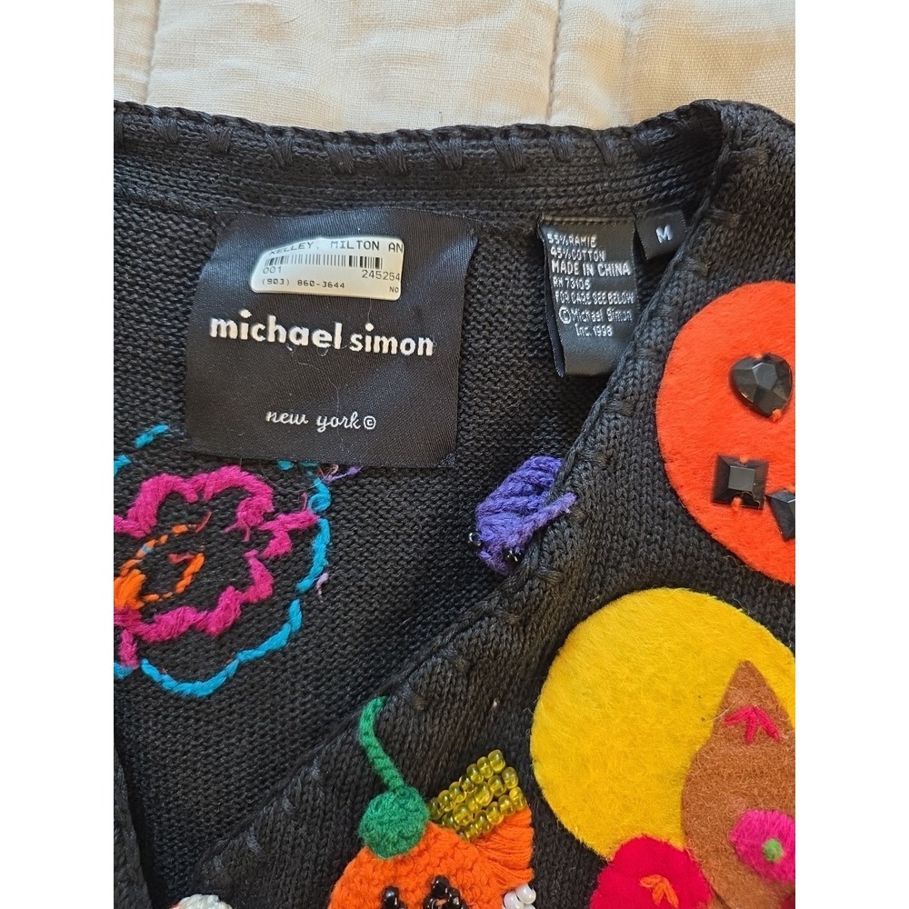 GORGEOUS 90s Vintage Michael Simon Halloween Vest Embroidered Spooky Knit Medium - Picture 3 of 9